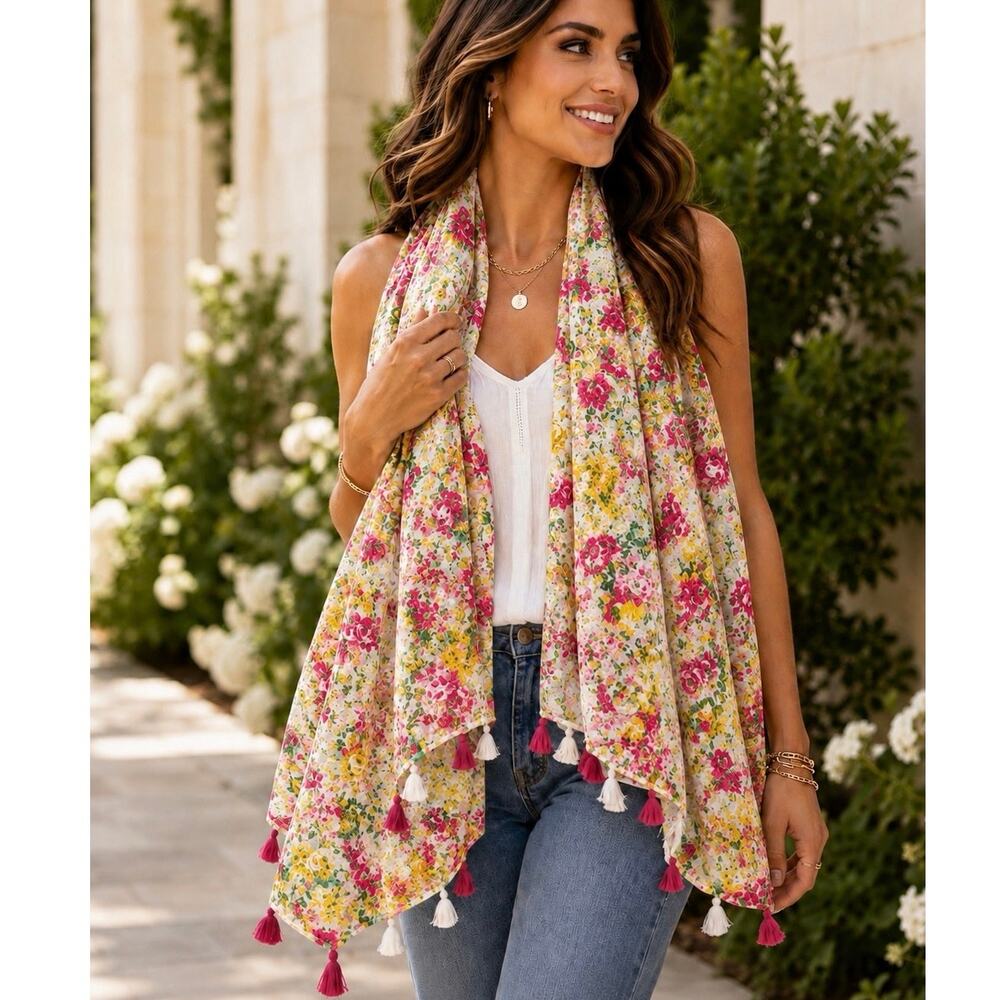 Women’s Floral Tassel Scarf Wrap Shawl White Pink Yellow Blue 33x72 Lightweight